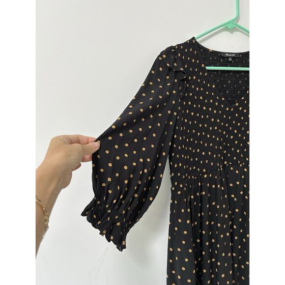 Madewell Women’s Lucie- SZ XS -V-Neck Smocked 3/4 Sleeve Polka Dot Mini Dress - Picture 3 of 9